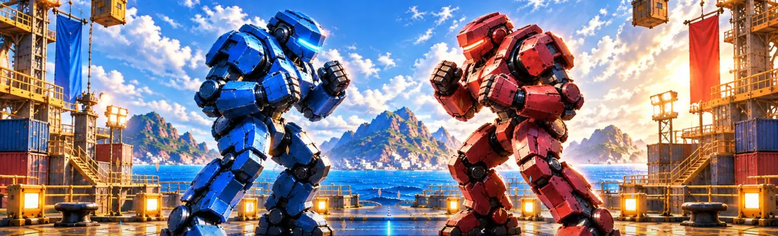 Two giant robots, one blue and one red, facing off in an industrial harbor